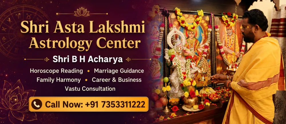 Shri B H Acharya performing pooja at Shri Asta Lakshmi Astrology Center, horoscope reading, marriage guidance, family harmony, career, vastu